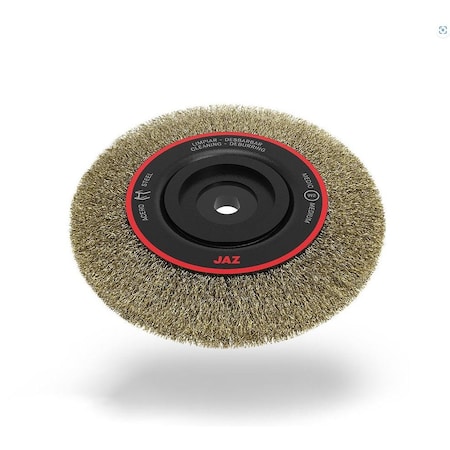 Jaz Crimped Wire Wheel Brush, 8in, .12in, Stainless Steel, 1-1/16in FW, 1/2in - 2in AH, Width: 1-5/8in. 25730